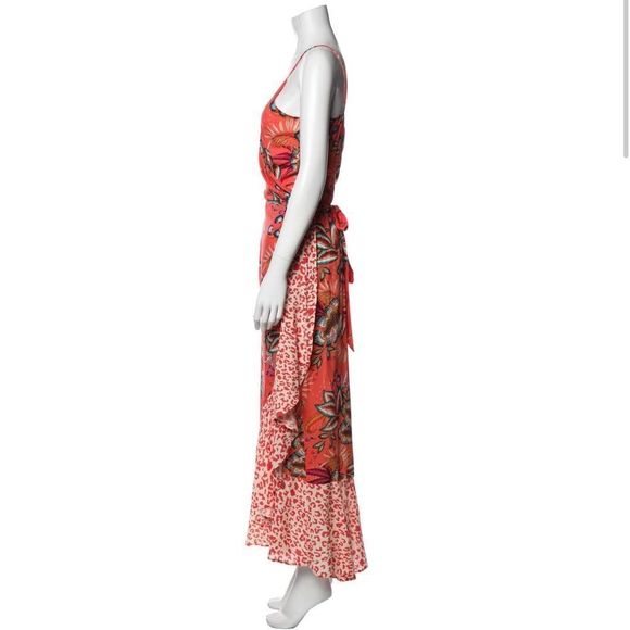 Farm Rio Coral Mixed Print Floral Ruffle Hem Wrap Maxi Dress. - Picture 2 of 5